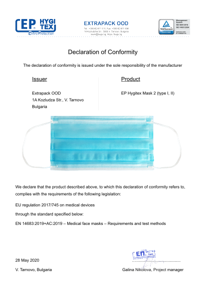 Konformitätserklärung - EP Hygitex - Schutzmaske
