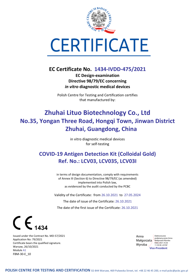 Zertifikat - Lituo - Antigen-Schnelltests