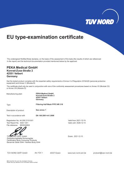Zertifikat - Peka - Schutzmaske